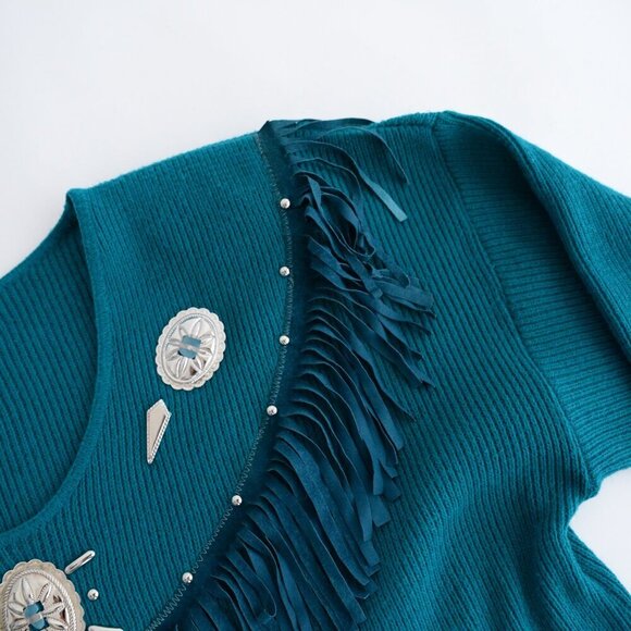 Vintage Cover Charge Teal Western Fringe Cowgirl Long Sleeve Shirt L - Picture 12 of 13